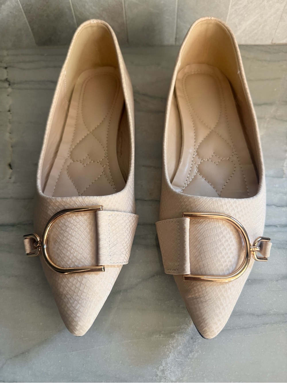 Women's Pointed Toe Gold Buckle Flats in Light Beige